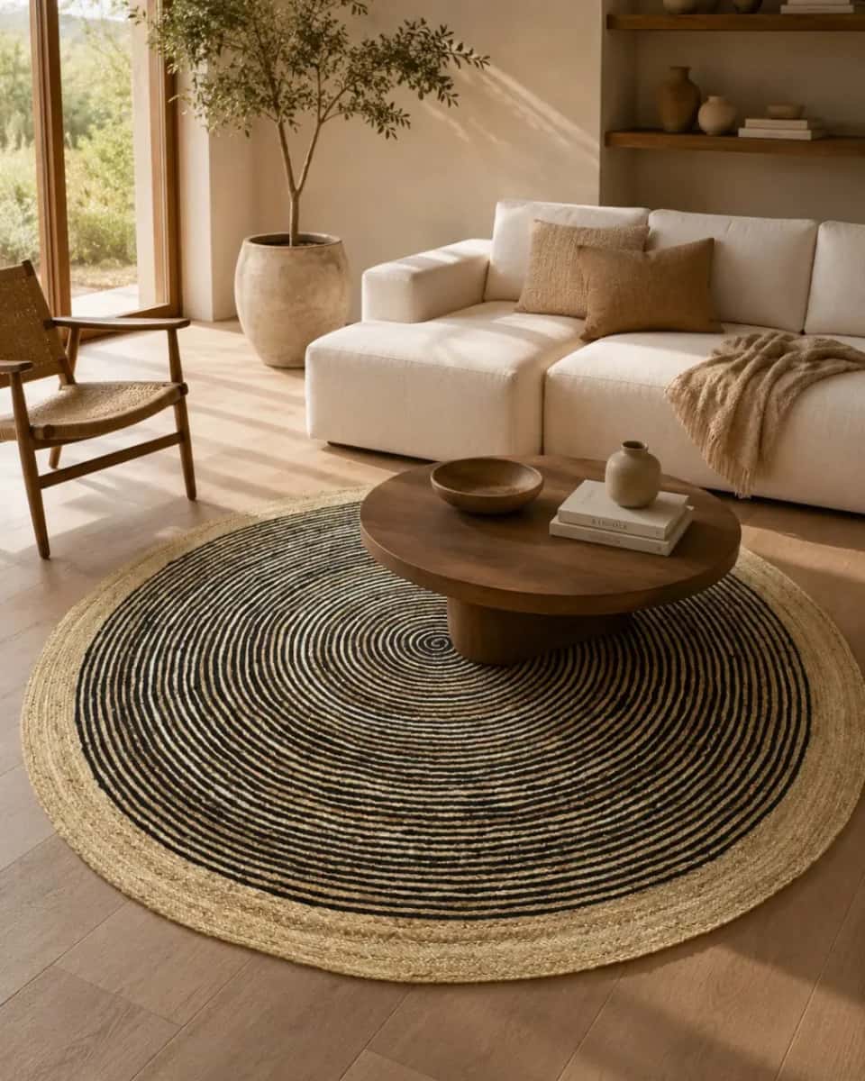 Black Spiral & Natural Jute Border Rug 2