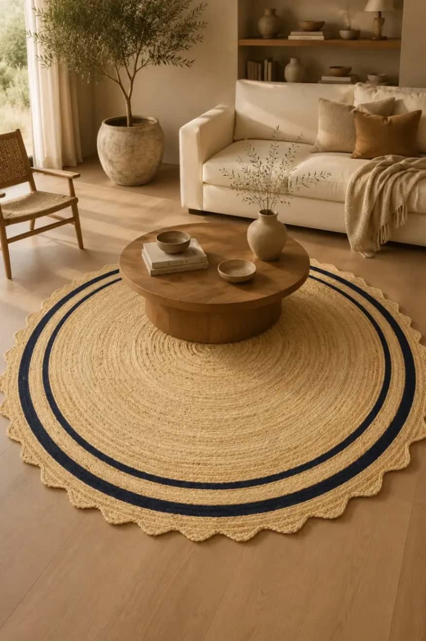 Petal Edge Jute Rug with Black Double Stripe 2
