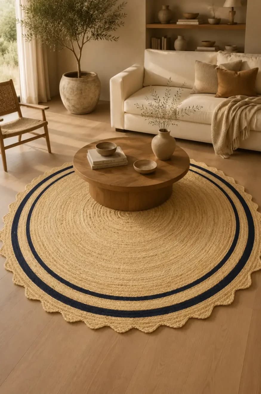Petal Edge Jute Rug with Black Double Stripe alternate