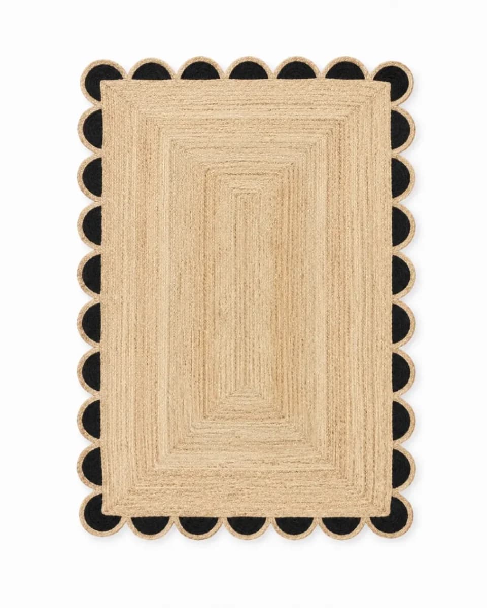 Black Scalloped Edge Rectangular Jute Rug