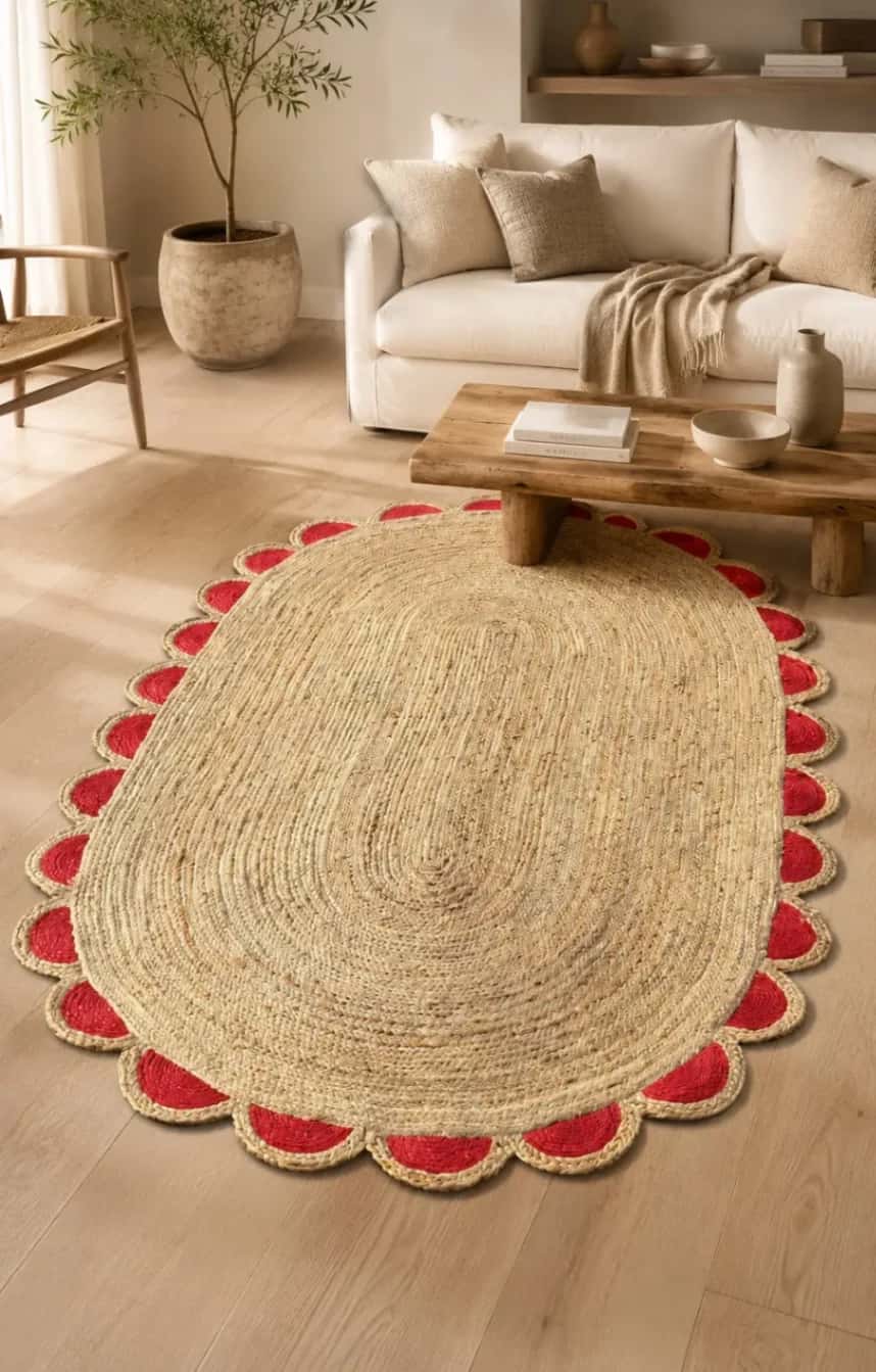 Red Scalloped Edge Oval Jute Rug 2