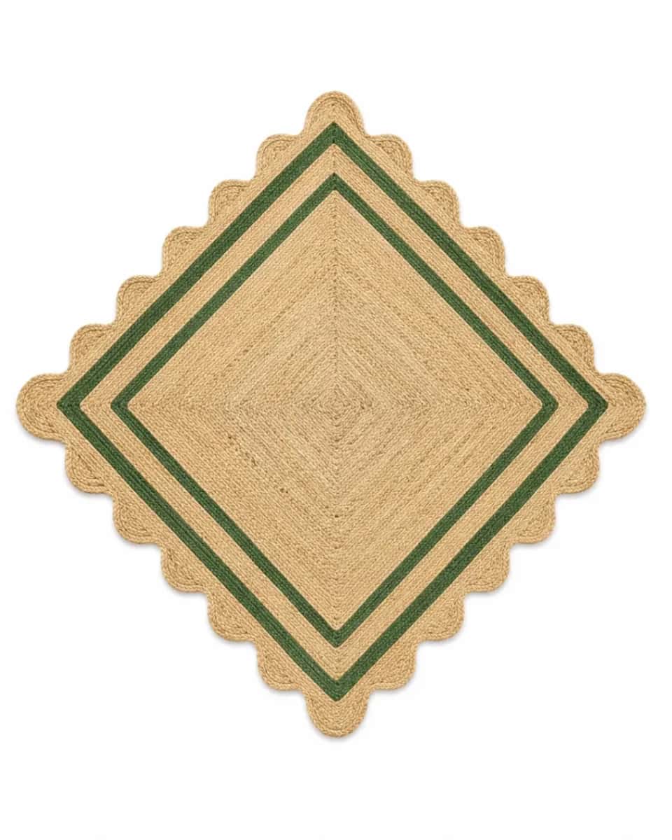 Green Wavy Edge Diamond Weave Jute Rug