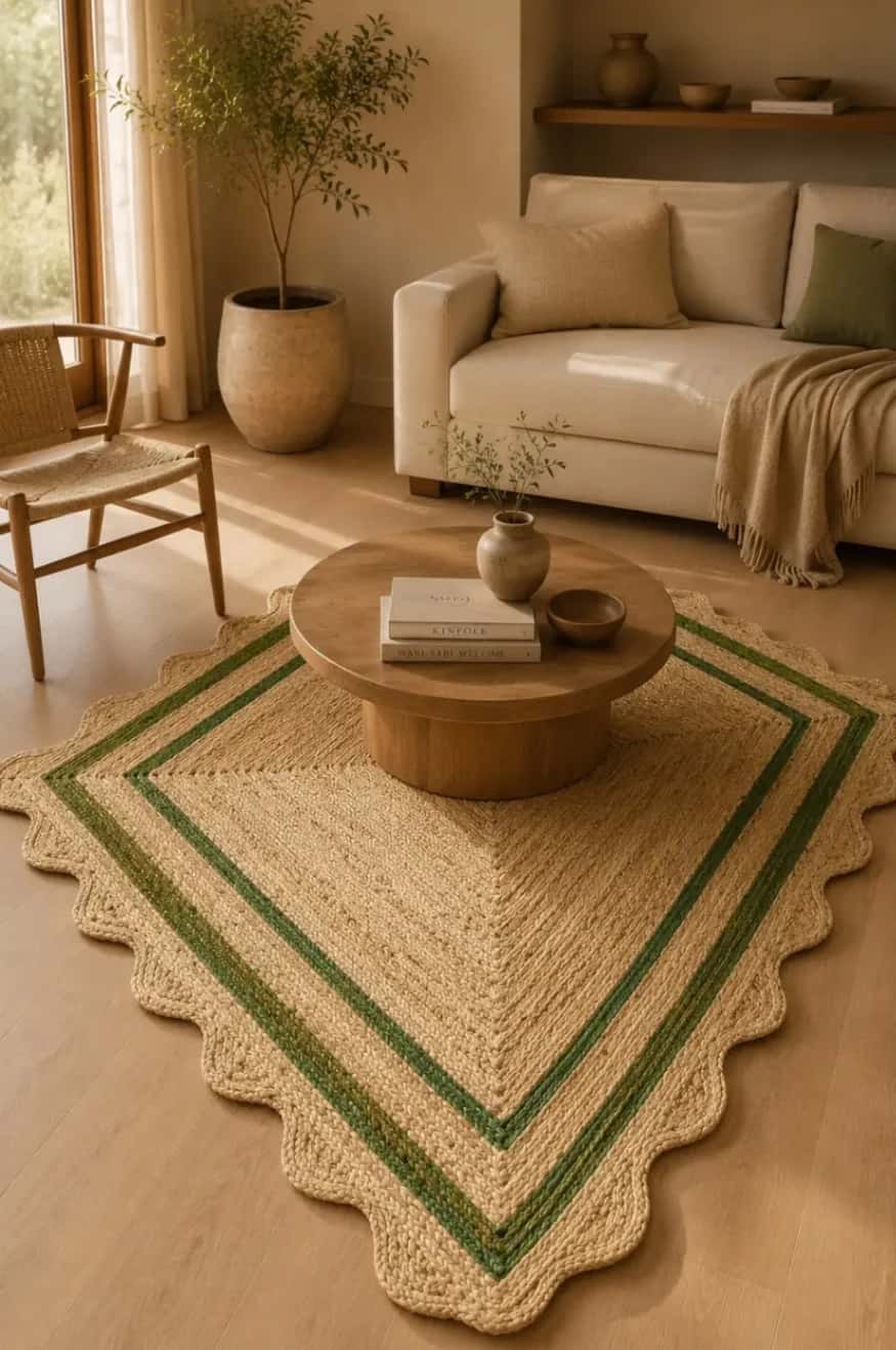 Green Wavy Edge Diamond Weave Jute Rug 2