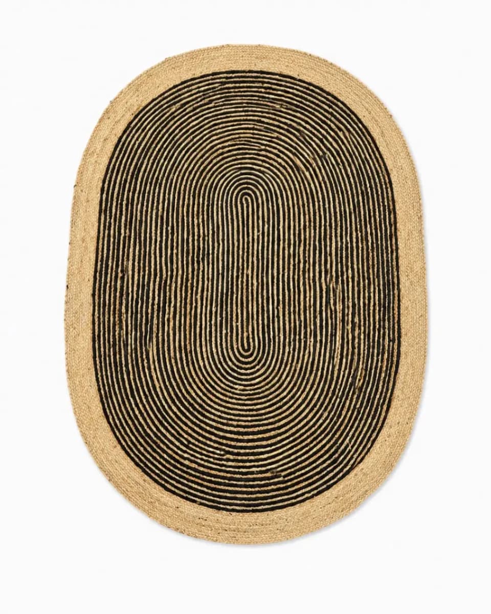 Solid Natural Jute & Black Spiral Oval Jute Rug